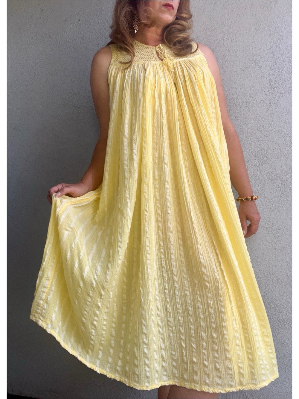 Vintage 70s Modus Vivendi Greece Yellow Cotton Gauze Crochet Boho Tent Dress OS